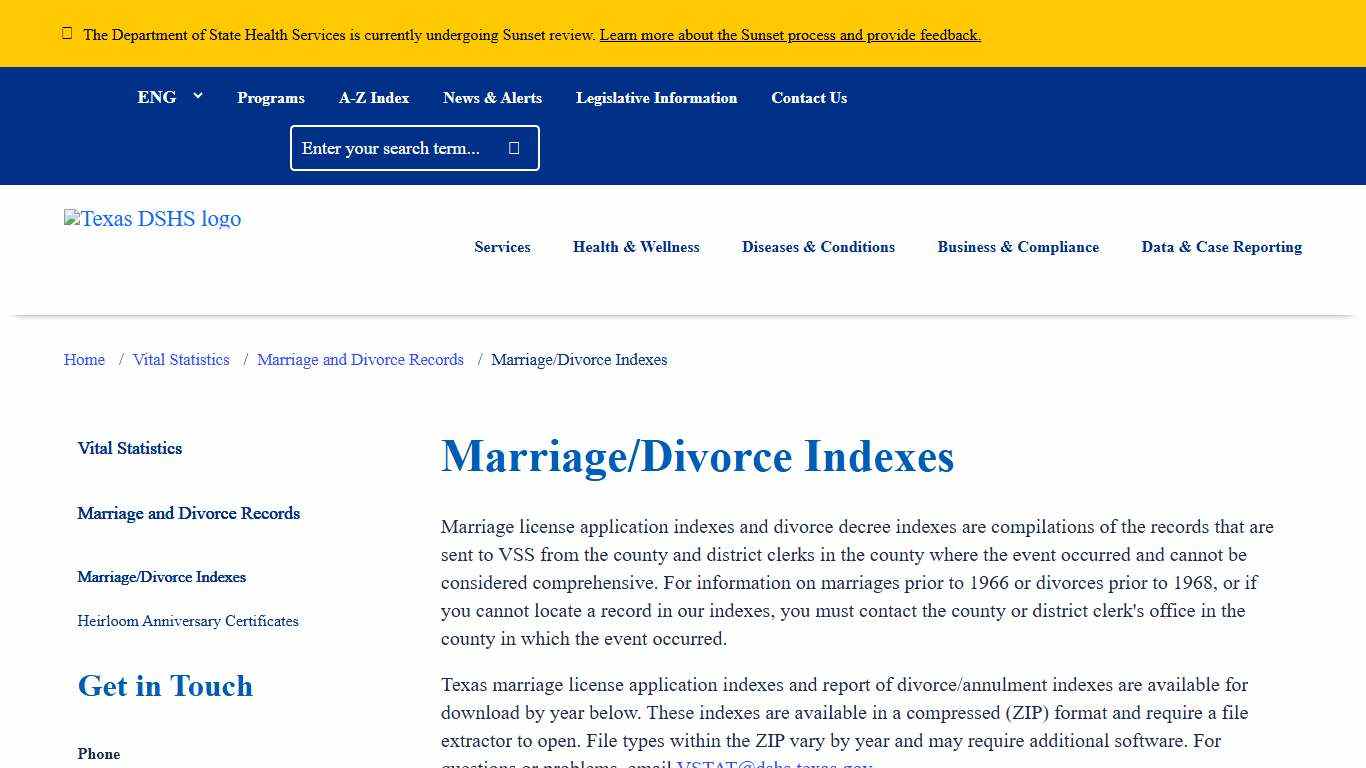 Marriage/Divorce Indexes Texas DSHS